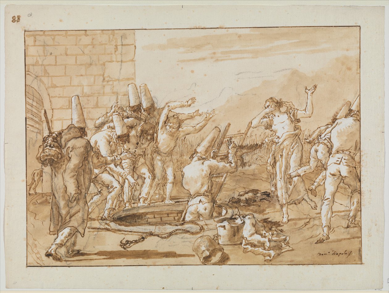 Punchinello henter døde høns fra en brønd, ca. 1800 af Giovanni Battista Tiepolo