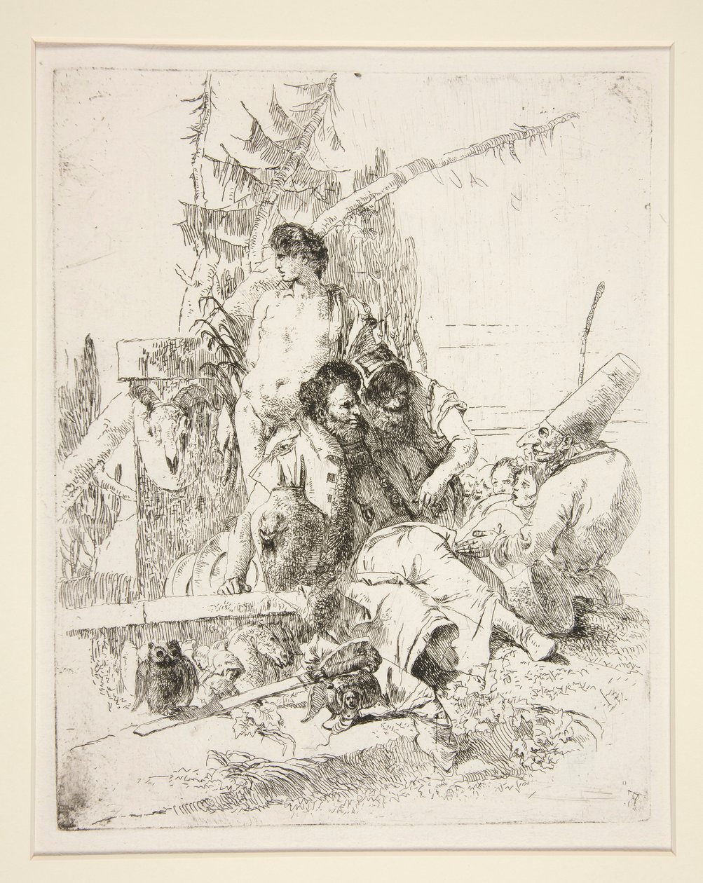 Punchinello taler med de to tryllekunstnere, fra serien Scherzi di Fantasia af Giovanni Battista Tiepolo