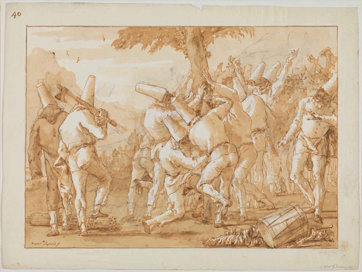 Punchinellos Fælder (eller Planter) et Træ, ca. 1800 af Giovanni Battista Tiepolo