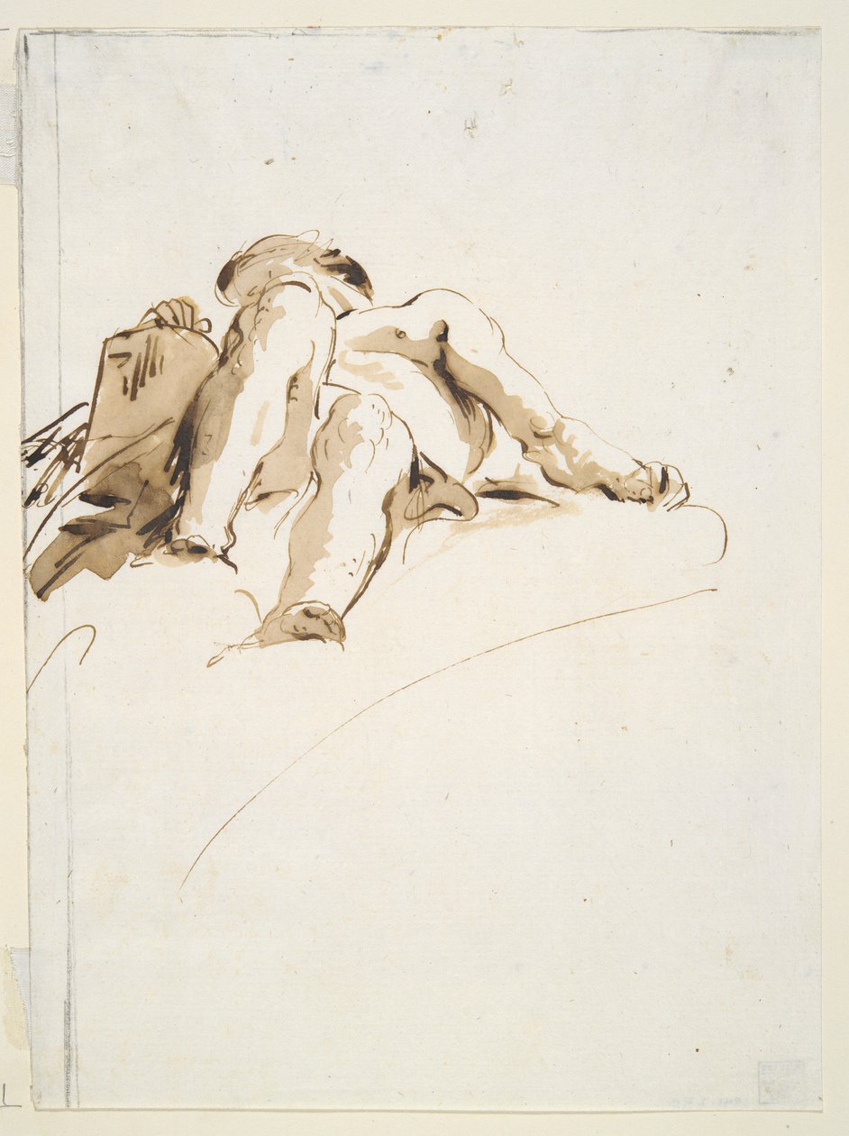 Liggende nøgen mand med højre hånd hvilende på en stentavle, set nedefra af Giovanni Battista Tiepolo