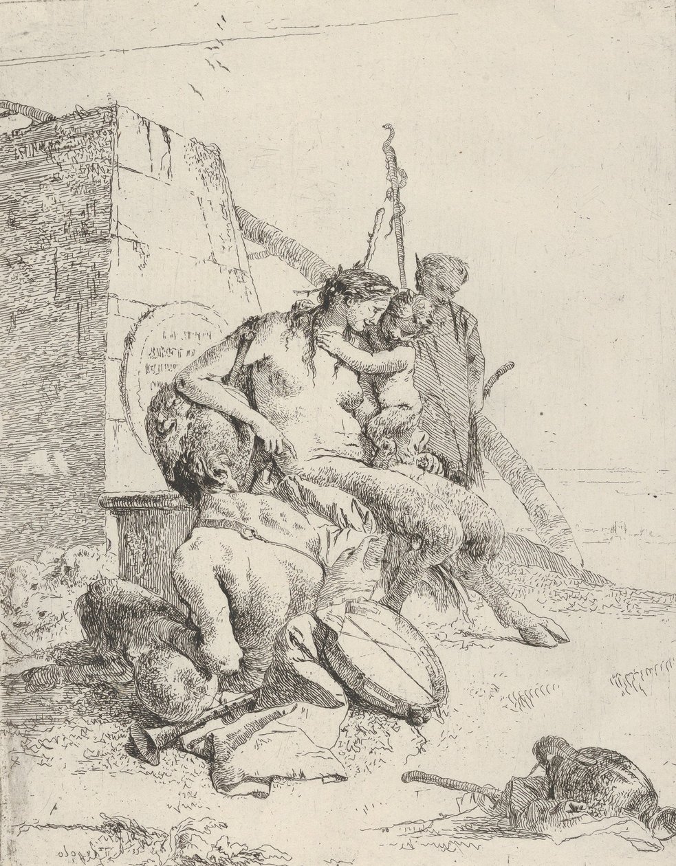 Satyrfamilie med Obelisken, fra Scherzi, ca. 1743-50. af Giovanni Battista Tiepolo