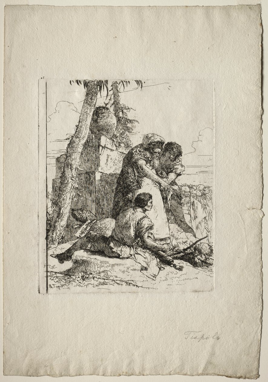 Scherzi di Fantasia: Tryllekunstner, der peger på et brændende hoved til to unge af Giovanni Battista Tiepolo