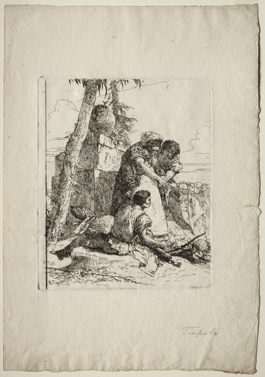 Scherzi di Fantasia: Tryllekunstner der peger på et brændende hoved til to unge, 1750