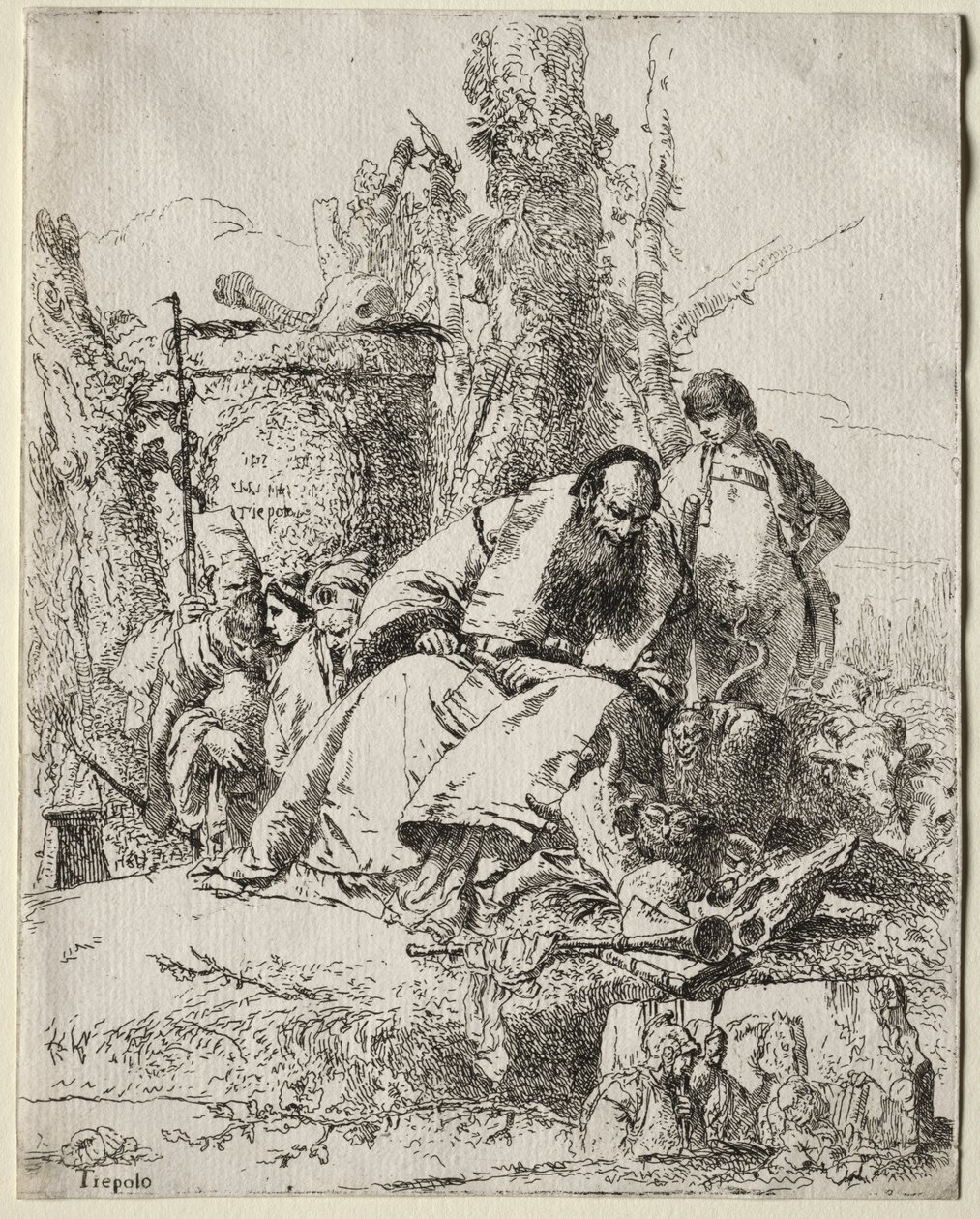 Scherzi di Fantasia: siddende tryllekunstner, dreng og fire figurer af Giovanni Battista Tiepolo