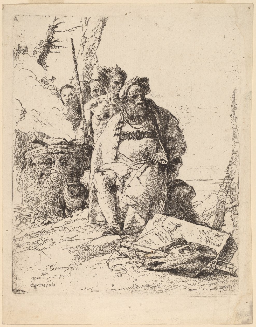 Siddende tryllekunstner med andre figurer ved siden af et alter af Giovanni Battista Tiepolo