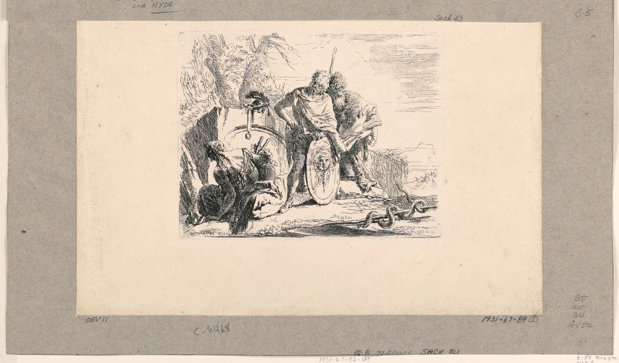 Siddende kvinde, ung soldat og magus, fra Vari Capricci af Giovanni Battista Tiepolo