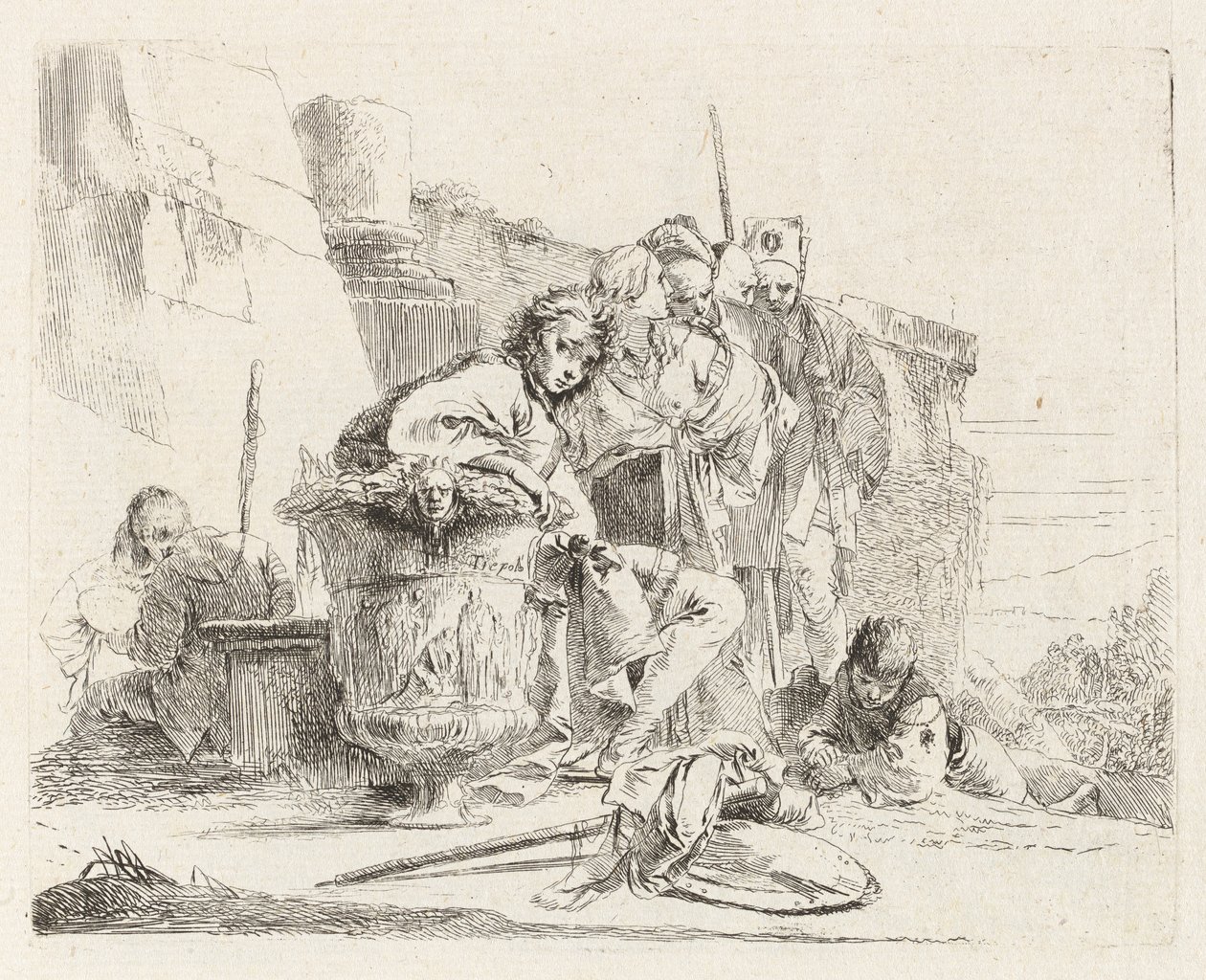Siddende ungdom læner sig op ad en urne, fra Vari capricci (Various Capriccios) af Giovanni Battista Tiepolo