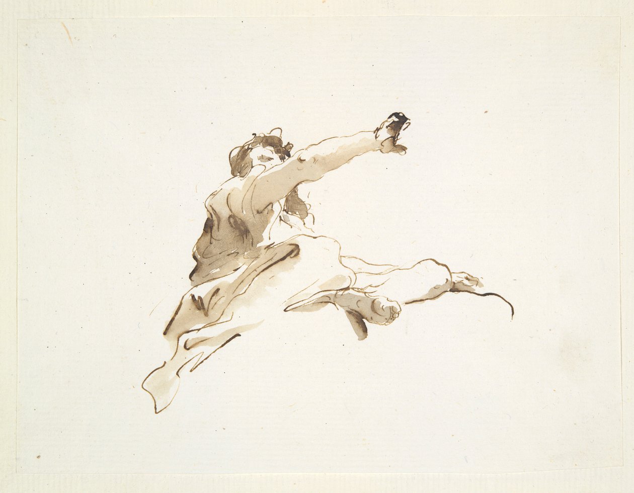 Siddende figur med hovedet vendt til venstre og højre arm løftet, set nedefra af Giovanni Battista Tiepolo