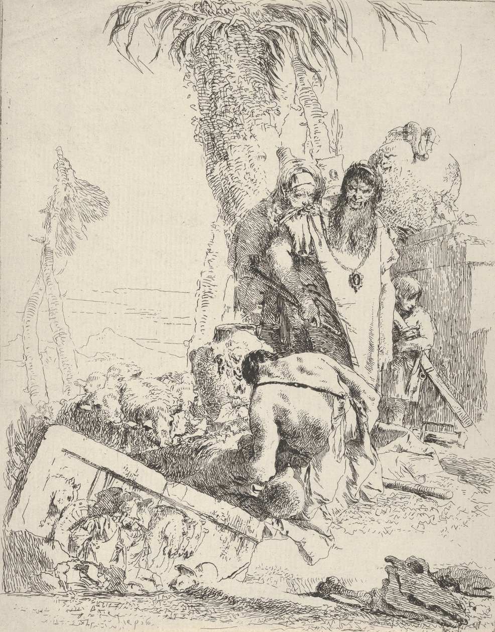 Hyrde med to tryllekunstnere, fra Scherzi, ca. 1743-57. af Giovanni Battista Tiepolo
