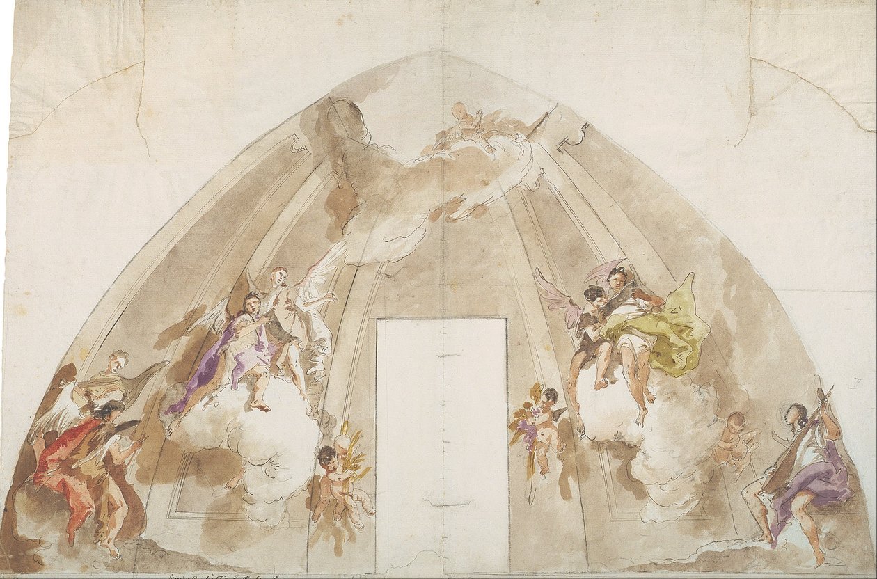 Syngende og musicerende engle: Forberedende tegning til loftet i Udines katedral af Giovanni Battista Tiepolo