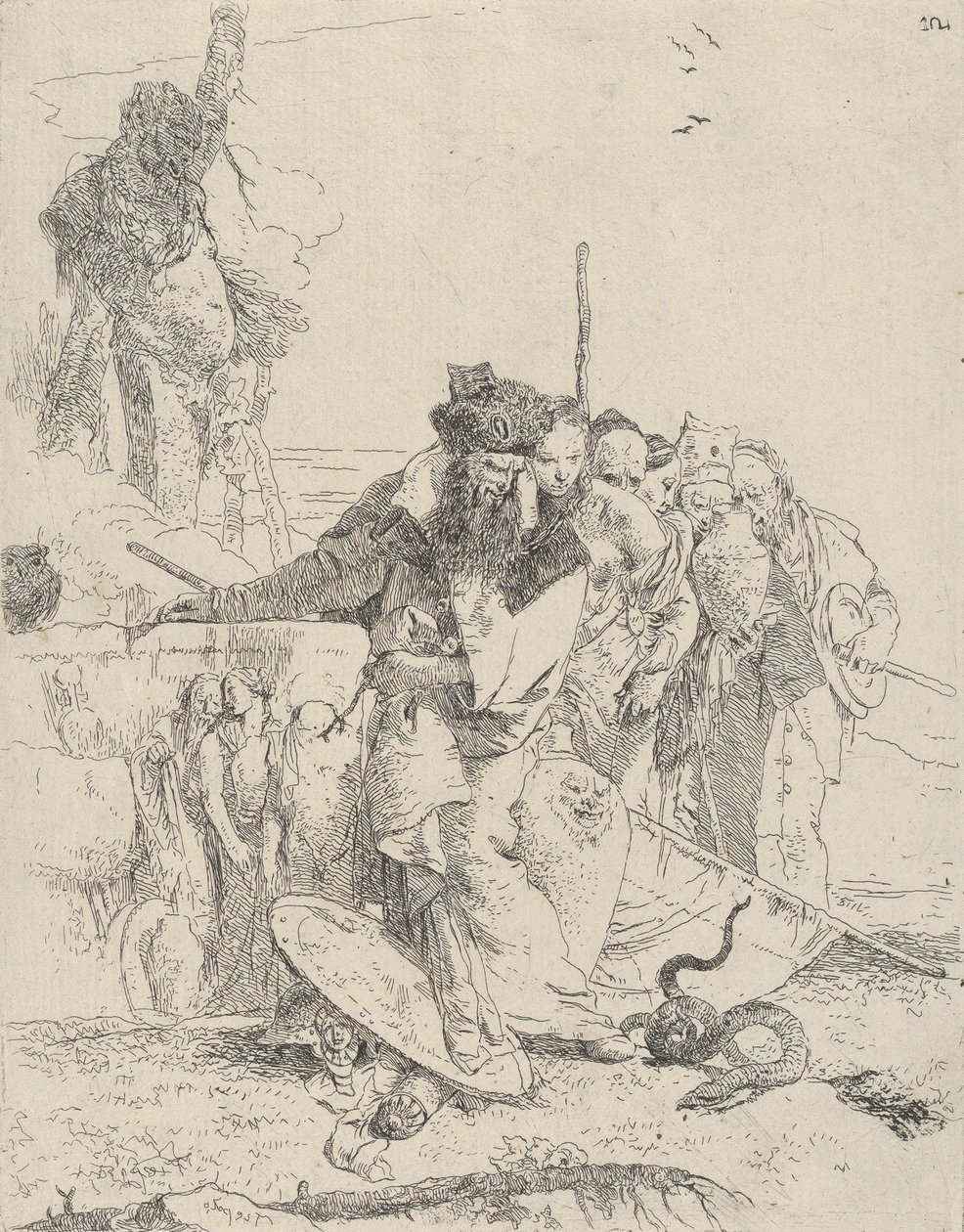 Seks personer ser på en slange fra Scherzi, ca. 1743-50. af Giovanni Battista Tiepolo