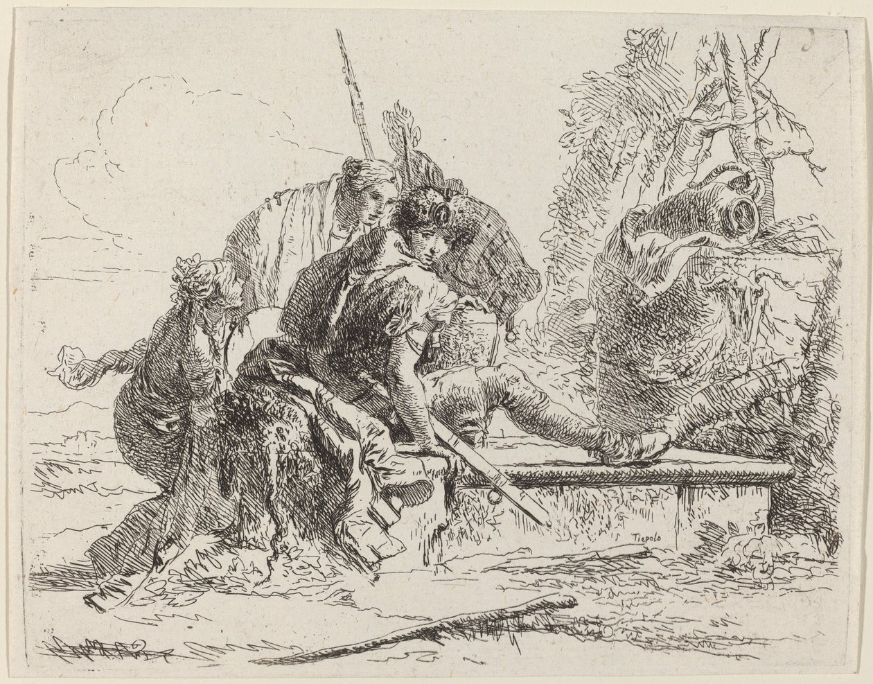 Soldat siddende på en grav med omgivende figurer af Giovanni Battista Tiepolo