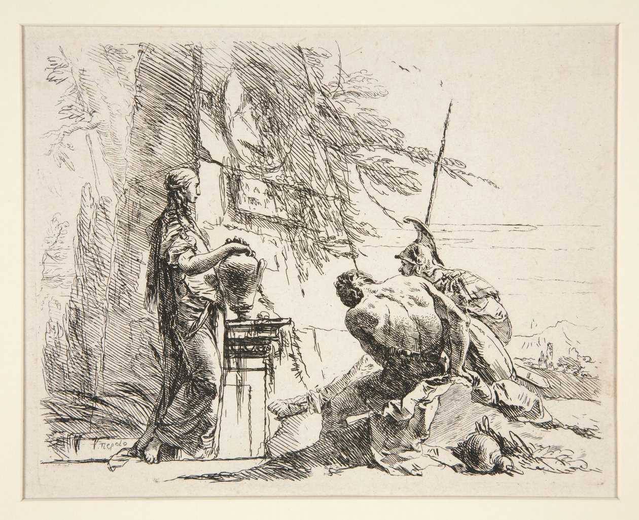 Stående kvinde og siddende mand foran en obelisk, fra serien Vari Capricci af Giovanni Battista Tiepolo
