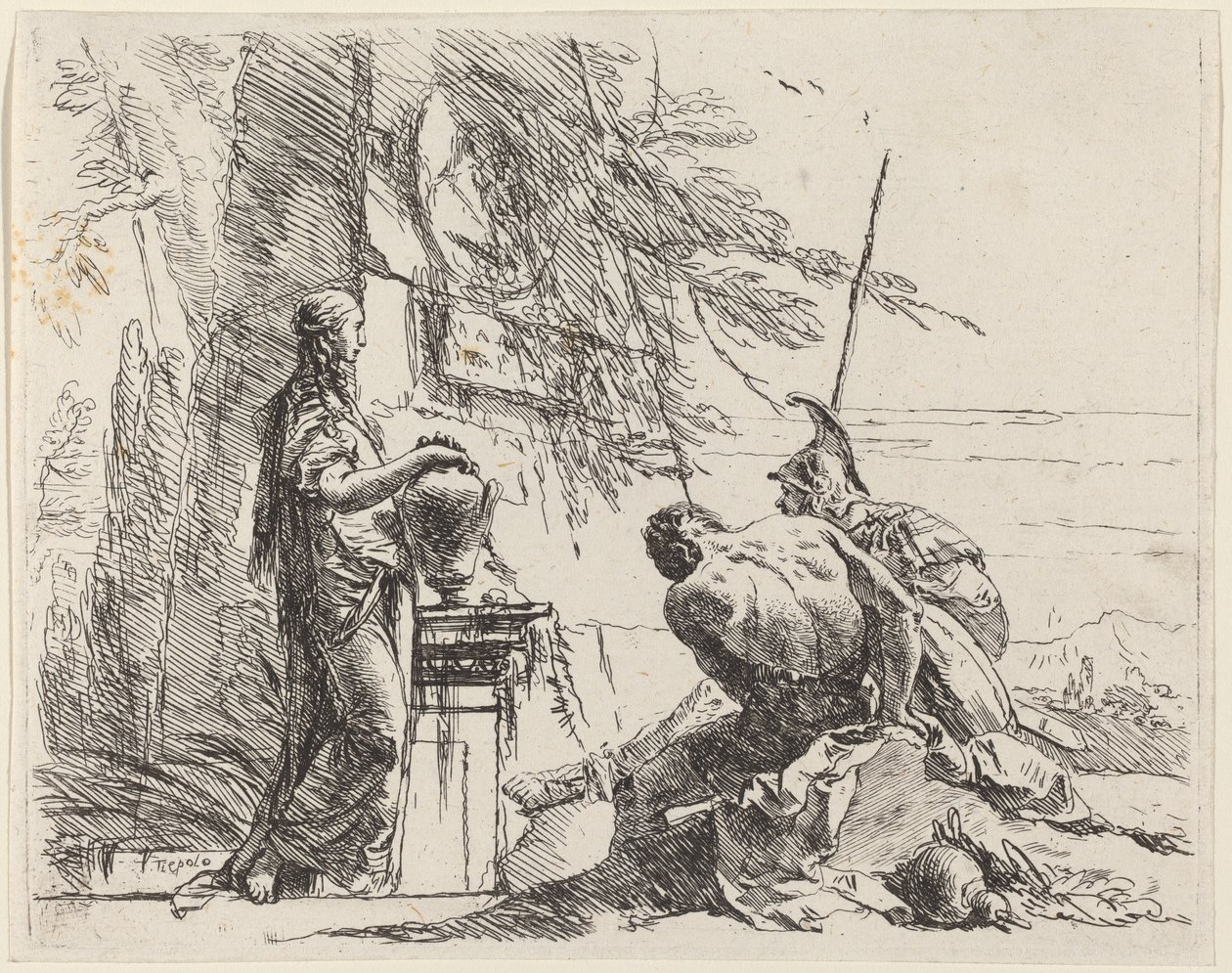 Stående Kvinde og siddende Mænd foran en Obelisk af Giovanni Battista Tiepolo