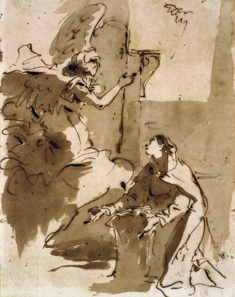Bebudelsen (pen & brunt blæk og brun vask på papir) af Giovanni Battista Tiepolo