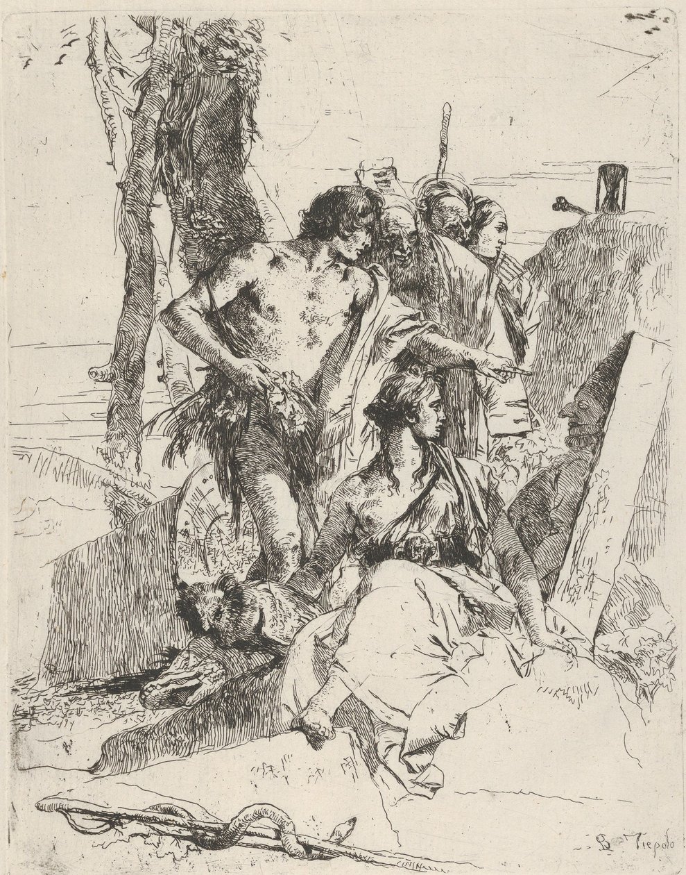 Opdagelsen af Punchinellos grav fra Scherzi, ca. 1743-50. af Giovanni Battista Tiepolo