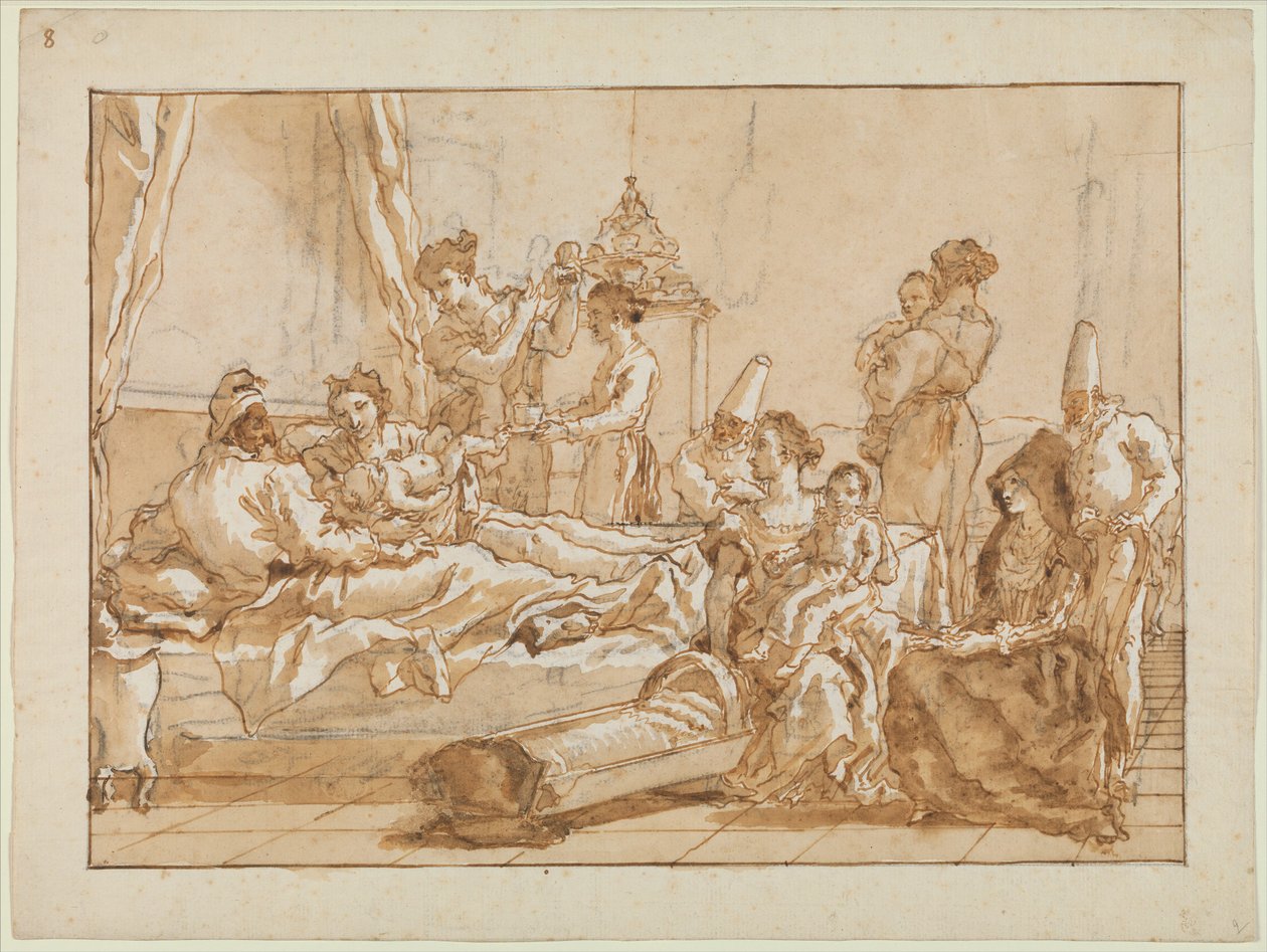 Spædbarnet Punchinello i seng med sine forældre, ca. 1800 af Giovanni Battista Tiepolo