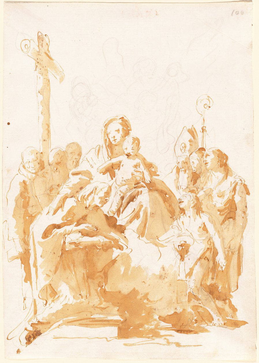 Die Jungfrau und das Kind, verehrt von Bischöfen, Mönchen und Frauen af Giovanni Battista Tiepolo