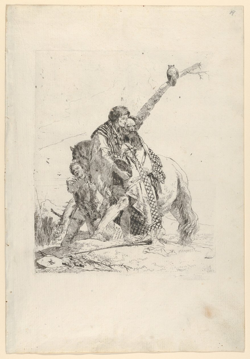 Tre mænd stående ved siden af en hest, fra Scherzi, ca. 1740. af Giovanni Battista Tiepolo