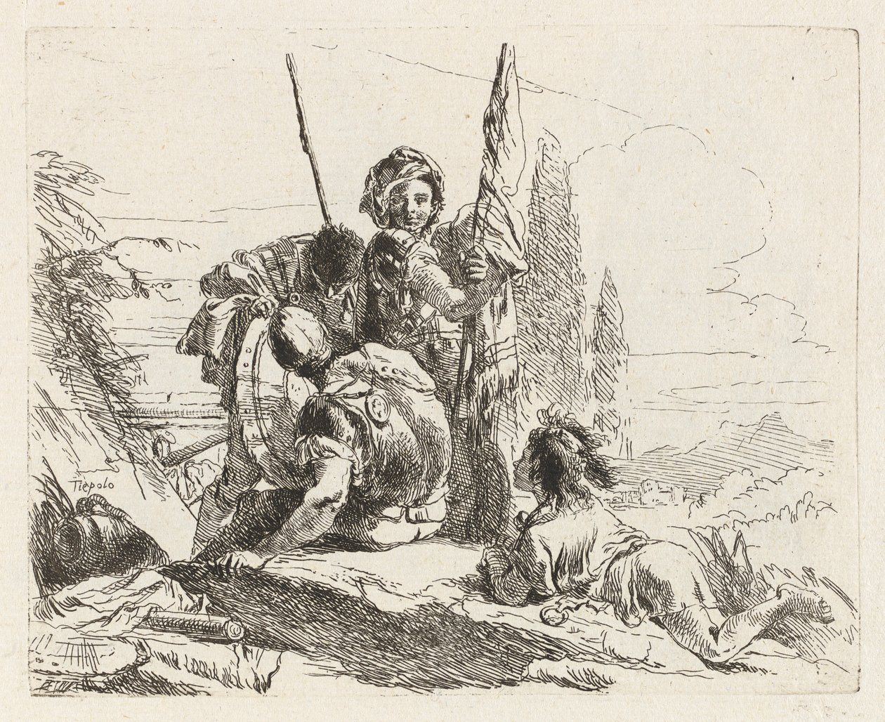 Tre soldater og en dreng, fra Vari capricci (Various Capriccios) af Giovanni Battista Tiepolo