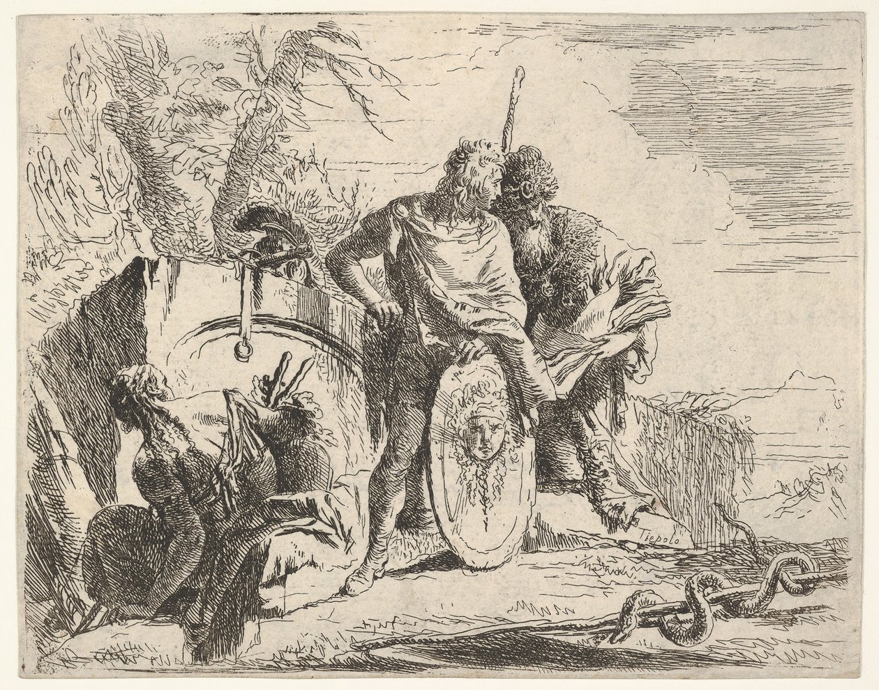 Tre figurer og en slange viklet rundt om en stav, omgivet af et landskab, ce..., 1700-tallet. af Giovanni Battista Tiepolo