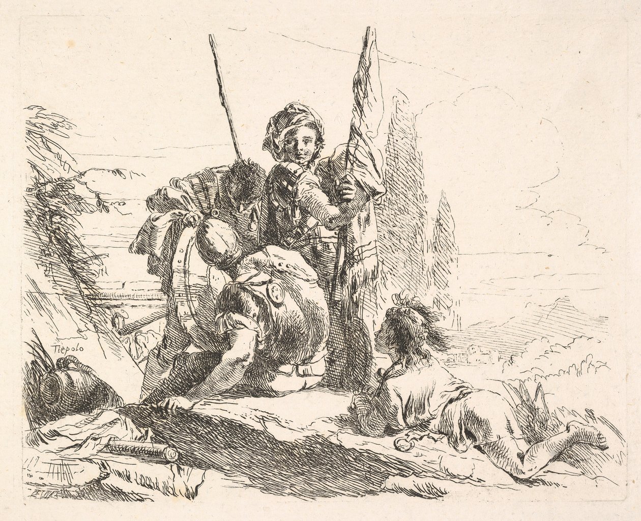 Tre soldater og en ung liggende på underlivet i et landskab, soldaterne bærer en..., ca. 1740-42. af Giovanni Battista Tiepolo