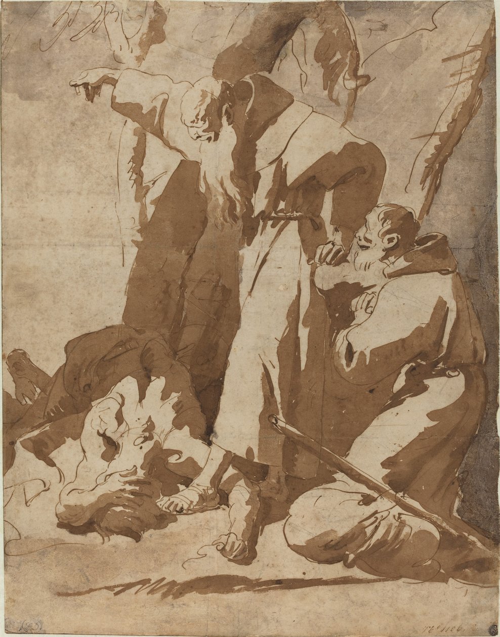 To munke med en liggende mand af Giovanni Battista Tiepolo