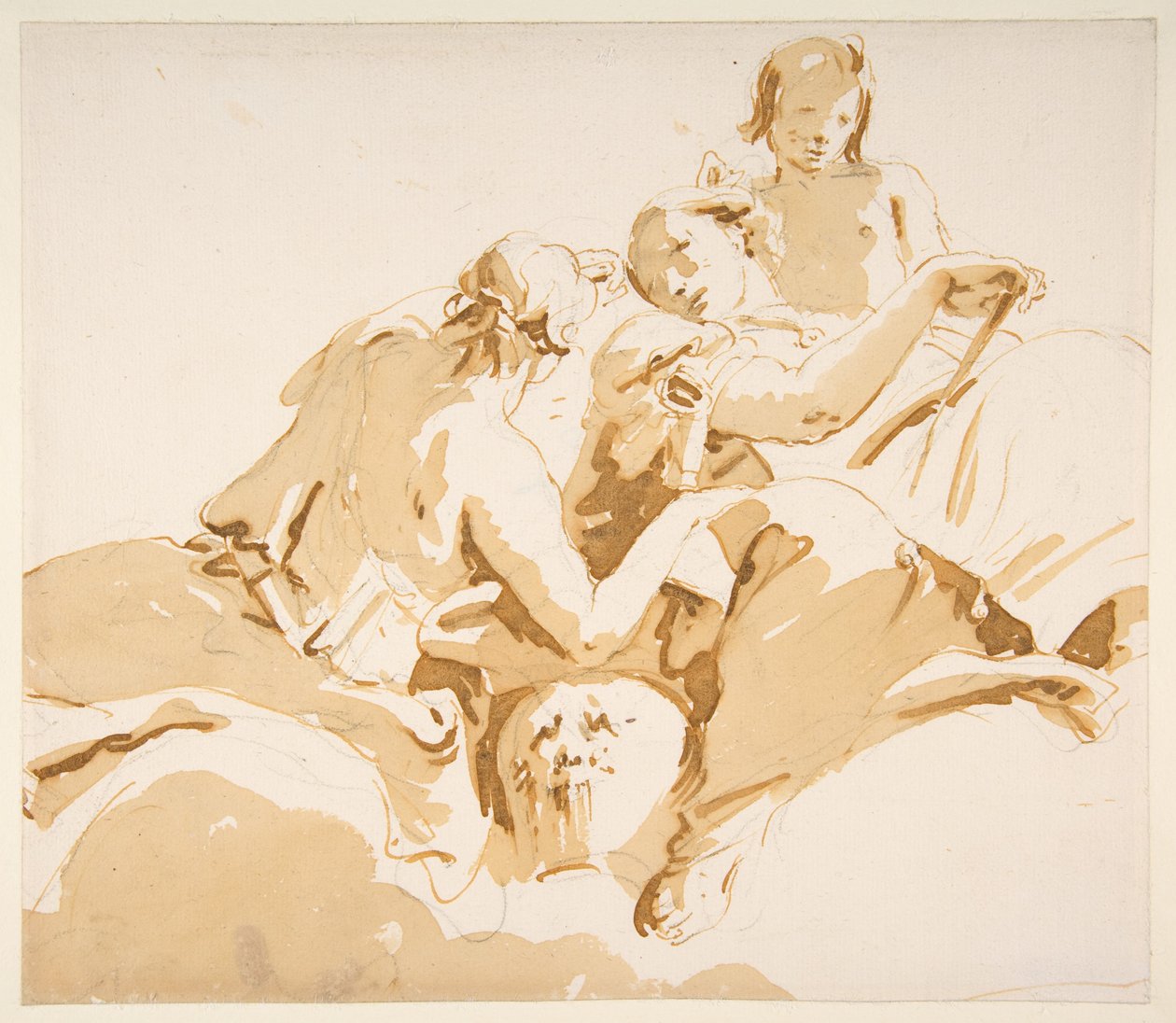 Zwei sitzende Frauen und ein Junge auf Wolken af Giovanni Battista Tiepolo