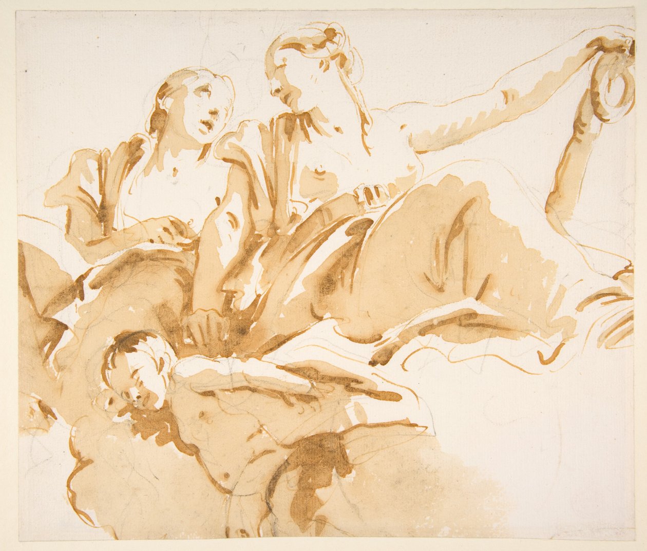 Zwei Frauen, eine hält einen Anker, und ein Putto auf Wolken af Giovanni Battista Tiepolo