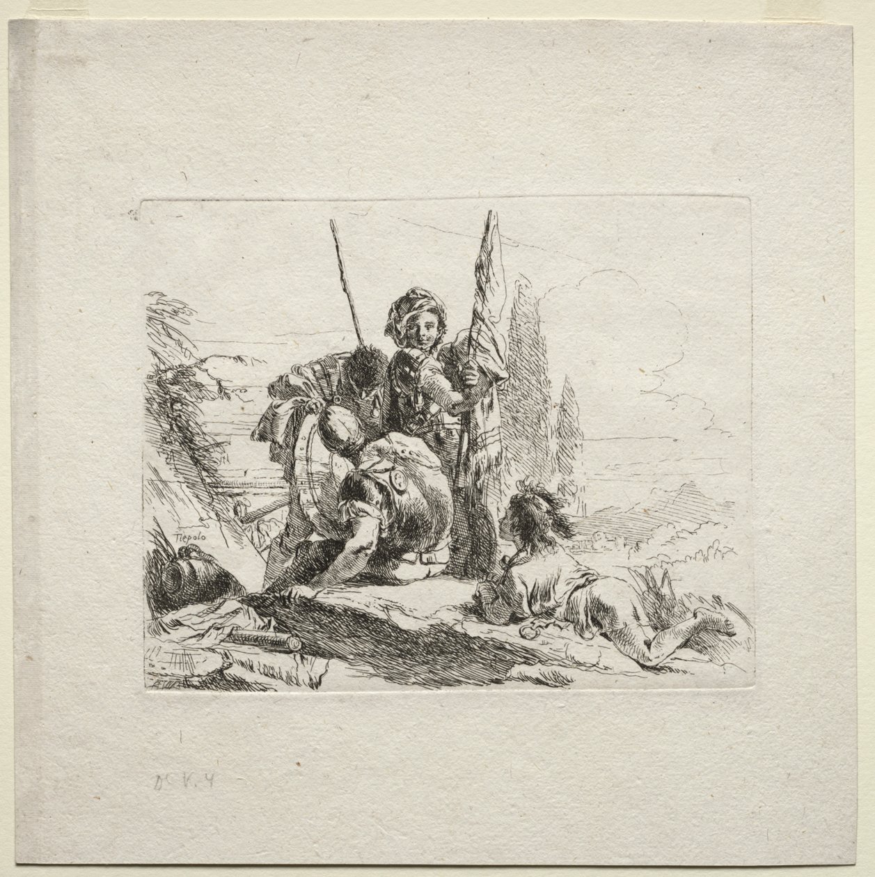 Forskellige Caprices: De tre soldater og drengen af Giovanni Battista Tiepolo