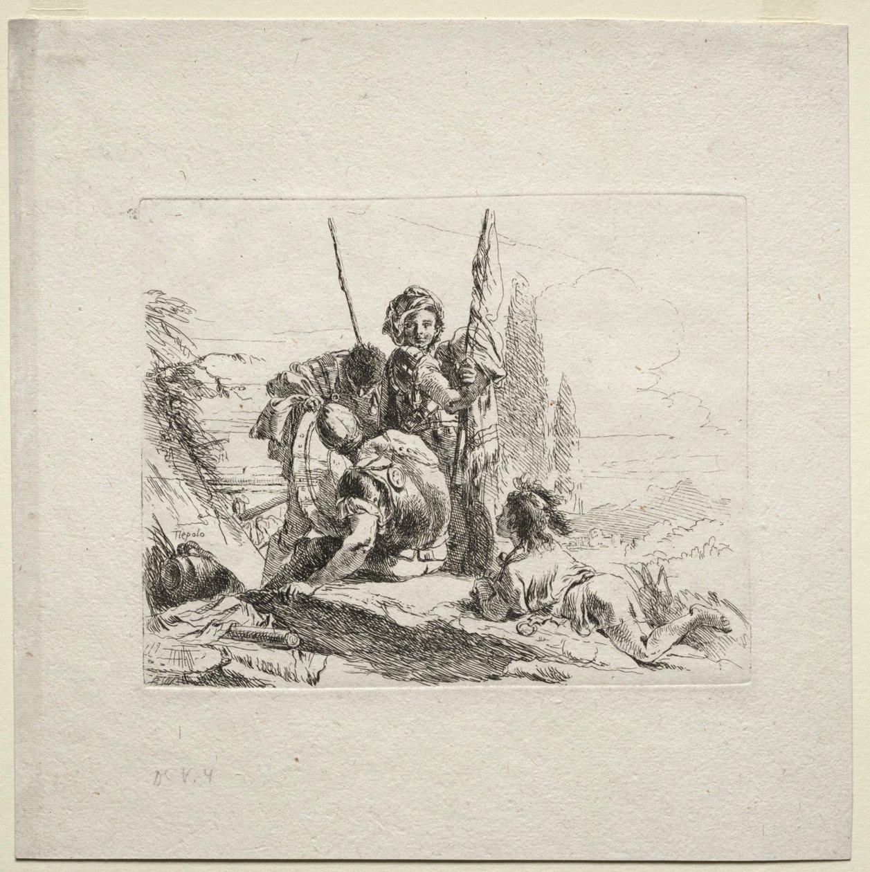 Forskellige Caprices: De tre soldater og drengen, 1785. af Giovanni Battista Tiepolo