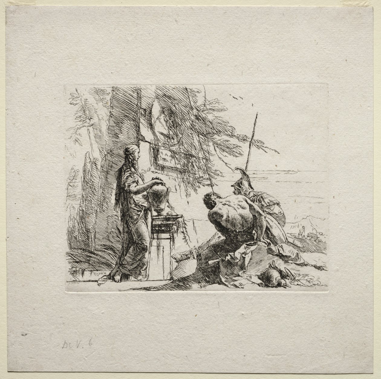 Forskellige Caprics: Kvinden, der står med hænderne på en vase af Giovanni Battista Tiepolo