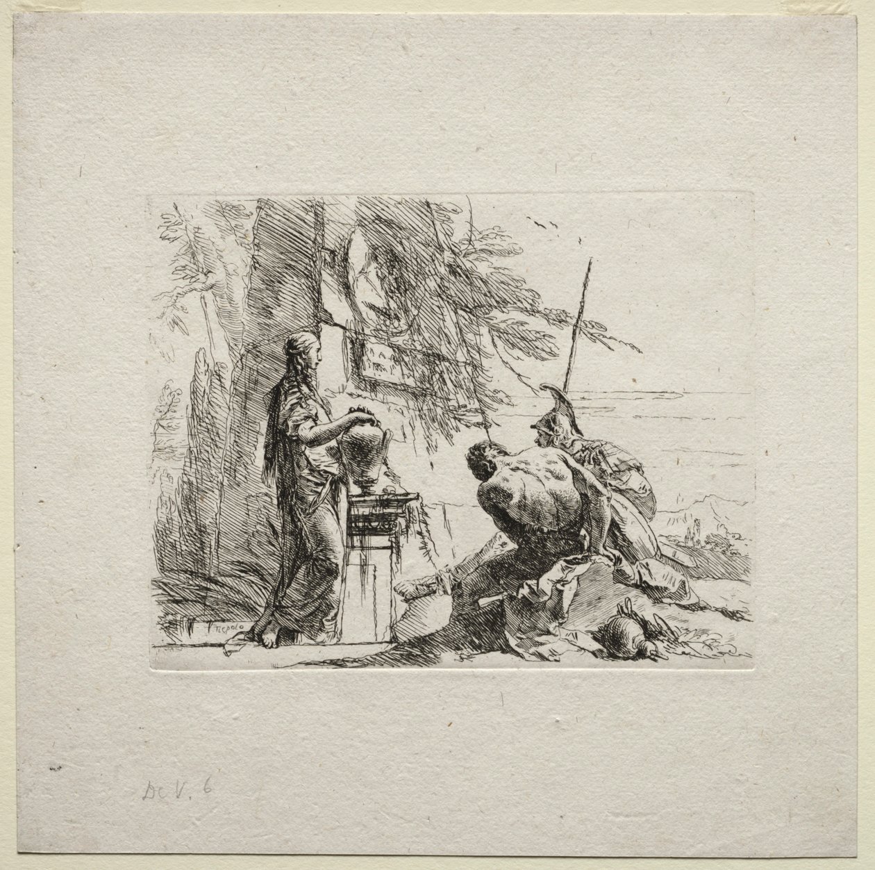 Forskellige luner: Kvinden stående med hænder på en vase, 1785. af Giovanni Battista Tiepolo