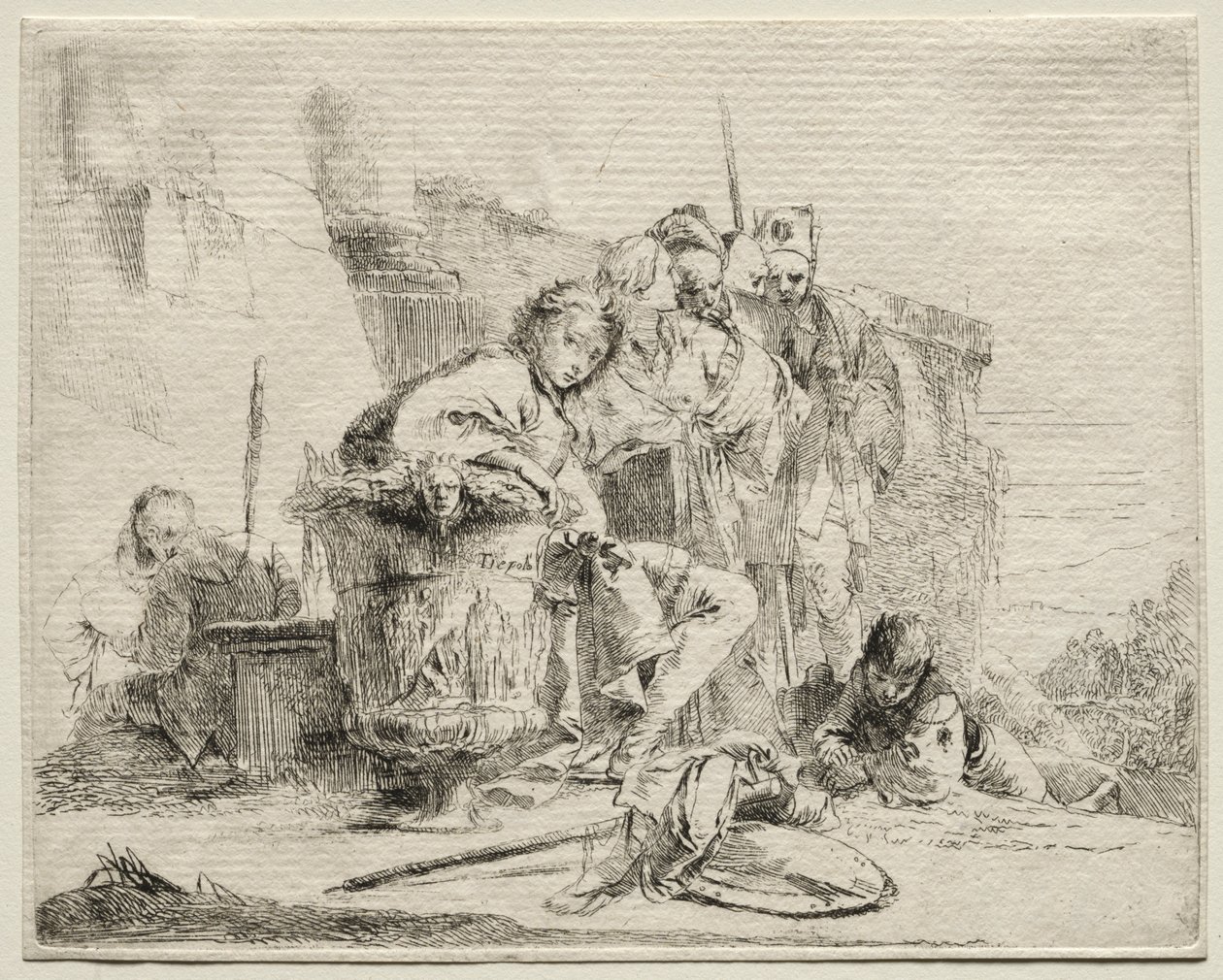 Forskellige luner: Ung mand siddende, lænet op ad en urne af Giovanni Battista Tiepolo
