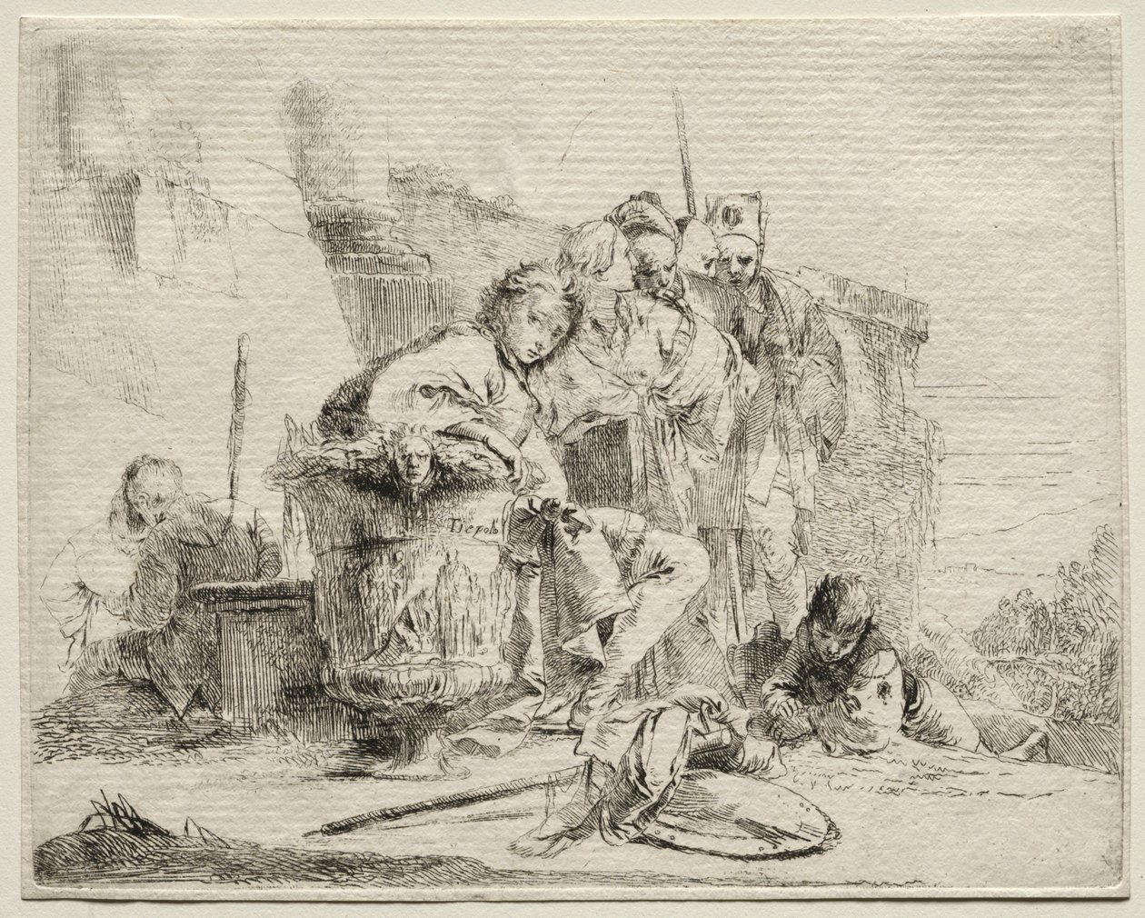 Forskellige luner: Ung mand siddende, lænet op ad en urne. af Giovanni Battista Tiepolo
