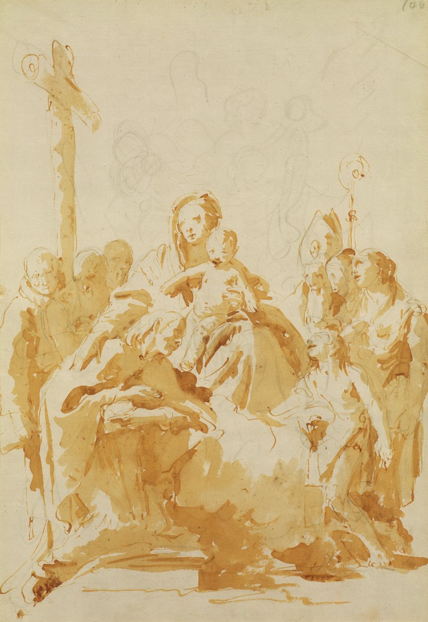 Jomfru og barn tilbedt af biskopper, munke og kvinder, 1735-40 (pen og brun blæk med brun vask over sort kridt på bundet papir) af Giovanni Battista Tiepolo