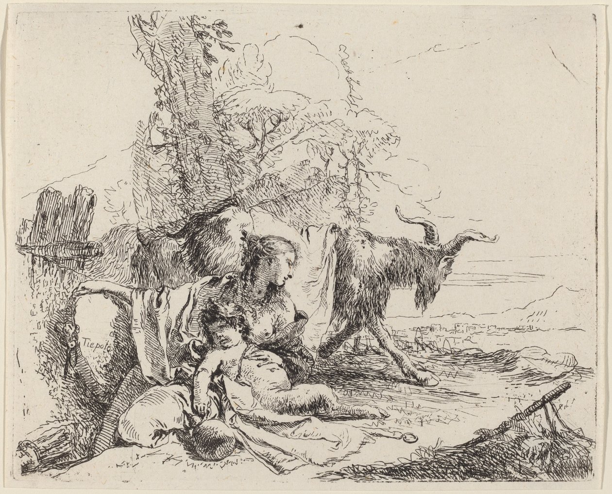 Kvinde, Satyrbarn og ged i et landskab af Giovanni Battista Tiepolo