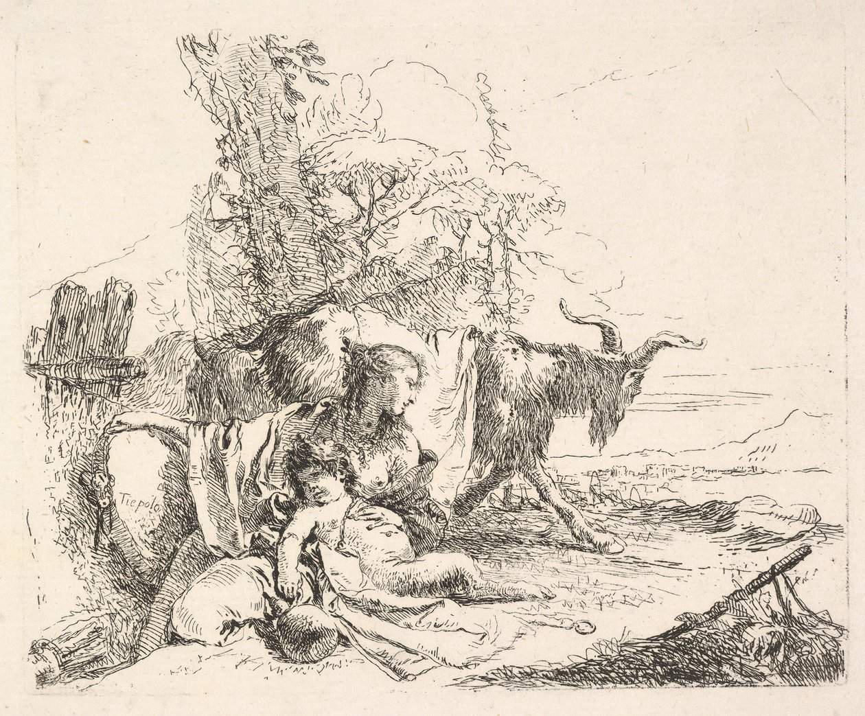 Kvinde og spædbarn satyr i et landskab, kvinden vrider sig for at se over sit venstre sko..., ca. 1740-42. af Giovanni Battista Tiepolo