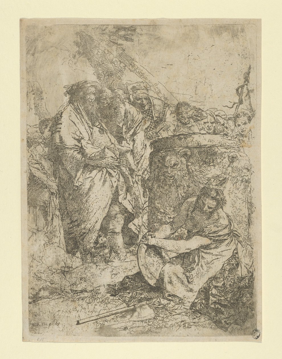 Kvinde, der knæler foran tryllekunstnere og andre figurer, fra Scherzi, ca. 1740. af Giovanni Battista Tiepolo