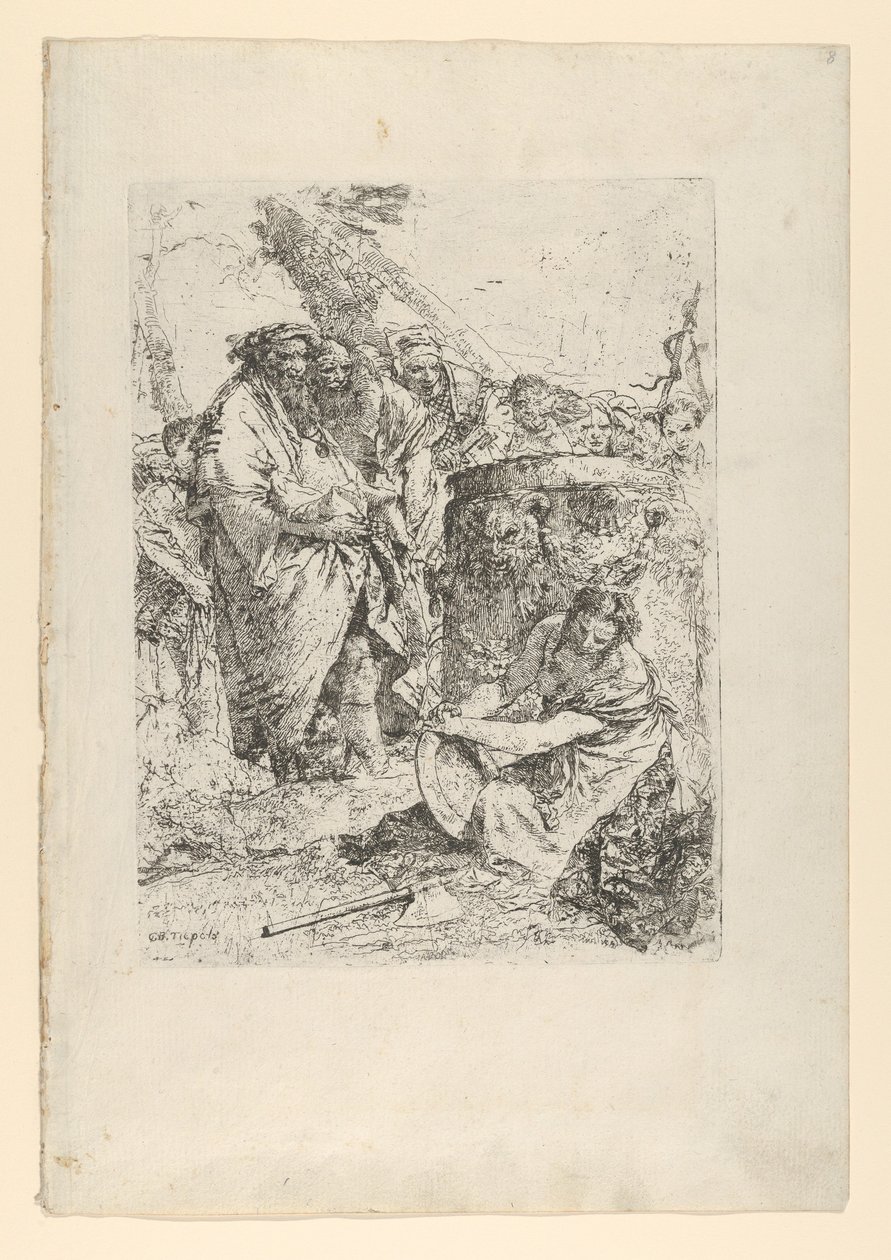 Kvinde knælende foran tryllekunstnere og andre figurer, fra Scherzi, ca. 1743-50. af Giovanni Battista Tiepolo