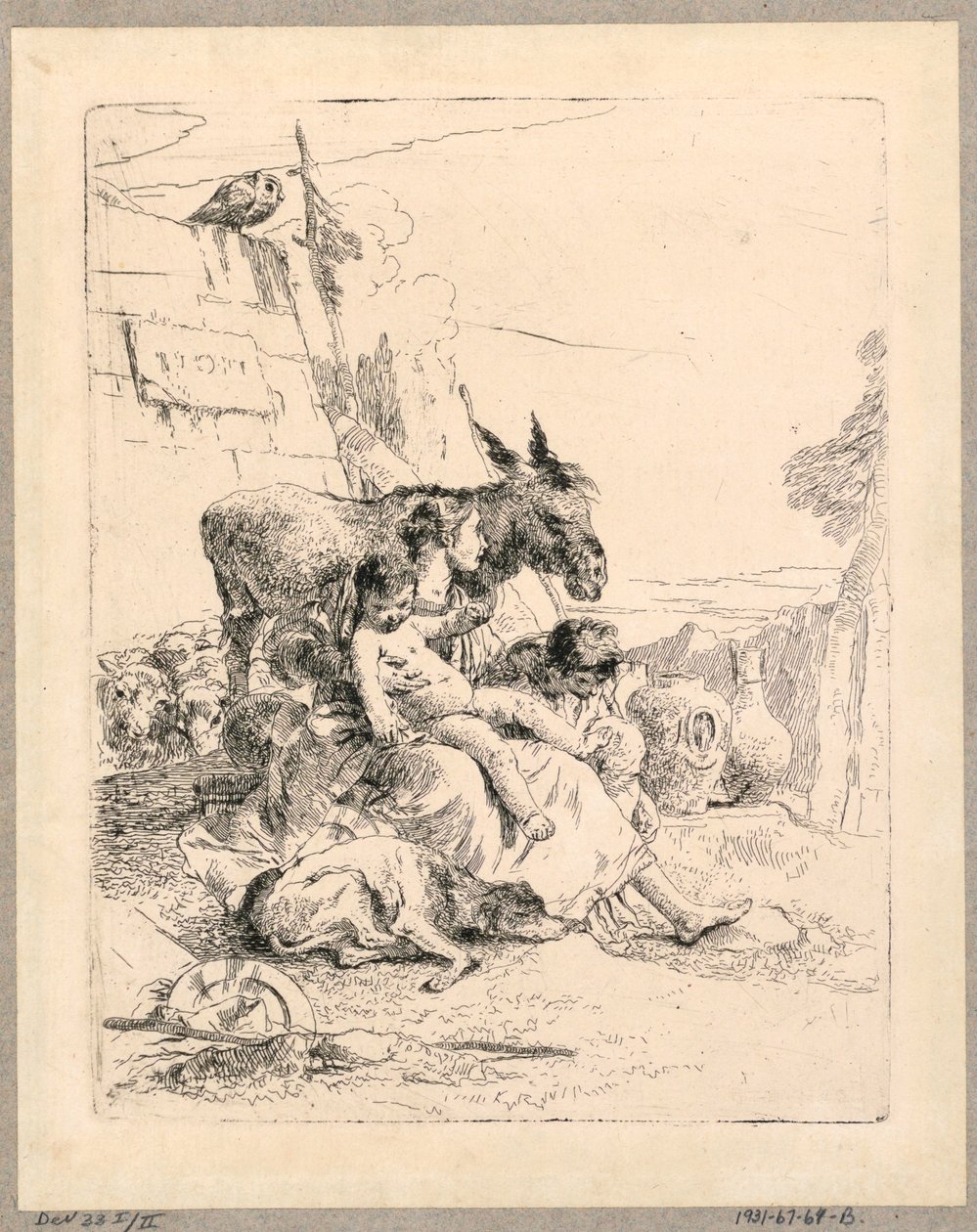 Kvinde med to børn og et æsel, tallerken 21 fra Scherzi di Fantasia af Giovanni Battista Tiepolo