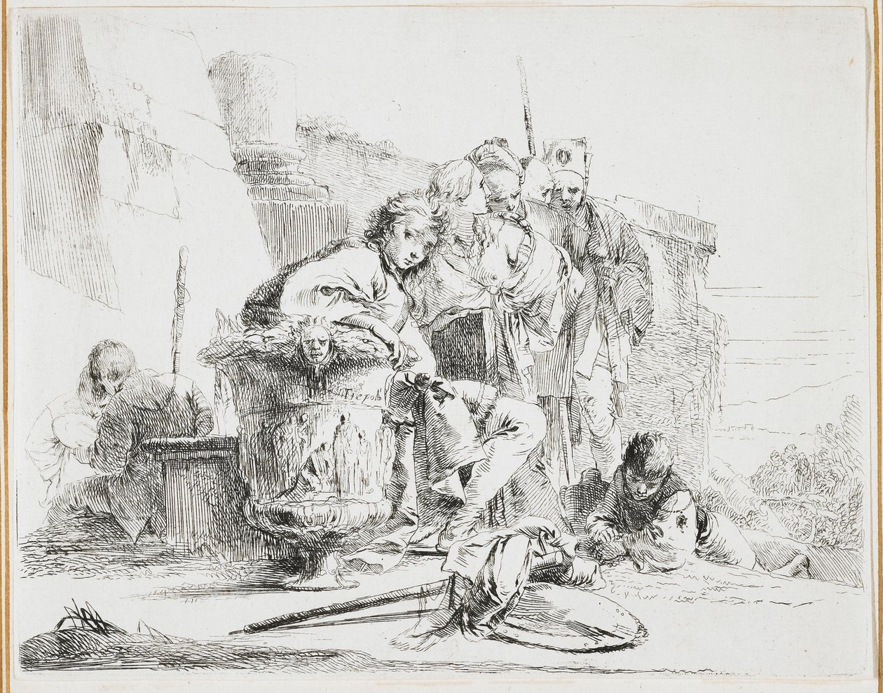 Ung mand siddende, lænet op ad en urne, plade fra Vari Capricci (Various Caprices), 1740
