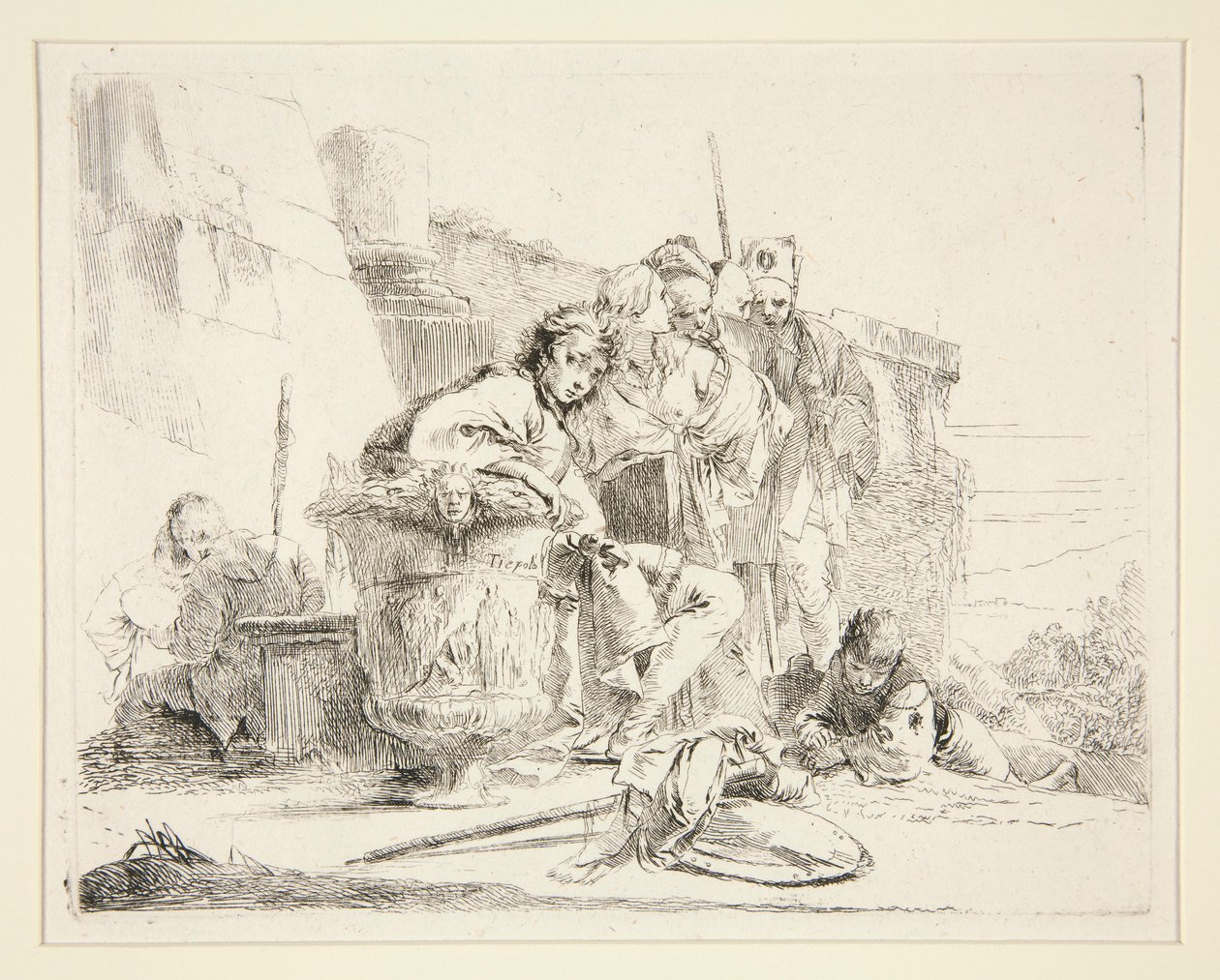 Ung mand siddende og lænet på en urne, fra serien Vari Capricci af Giovanni Battista Tiepolo