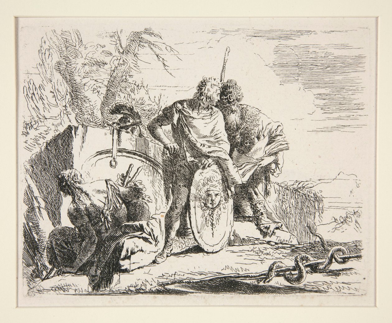 Ung soldat med filosof og siddende kvinde, fra serien Vari Capricci af Giovanni Battista Tiepolo