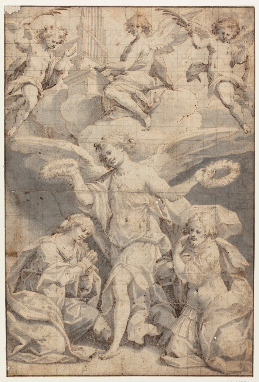 En engel kranser en knælende kvinde og en knælende soldat, mens to engle i skyerne kommer flyvende med palmegrene og en tredje spiller på orgel af Giovanni Battista Trotti