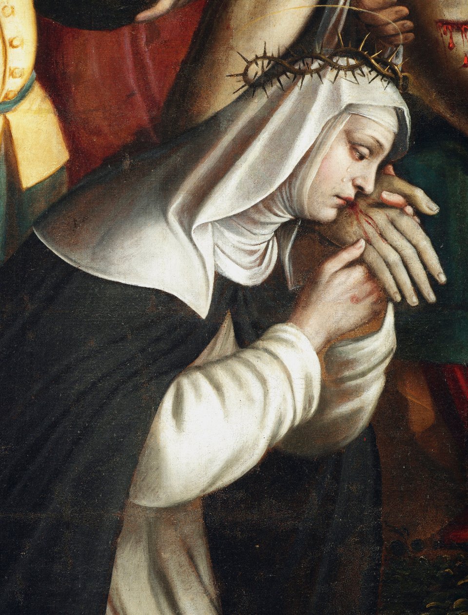La deposition Detail representant saint Catherine of Siena - (Detalje af aflejringen viser St Catherine of Siena) Maleri af Giovanni Battista Secco dit il Caravaggino (aktiv 1572-1625) 1616 Kapel Santa Corona, Basilica di Santa Maria delle Grazi af Giovanni Battista called Caravaggino Secco