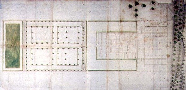 Plan over Medici-villaen i Agnano (pen og blæk, vask på papir) af Giovanni Battista da Sangallo