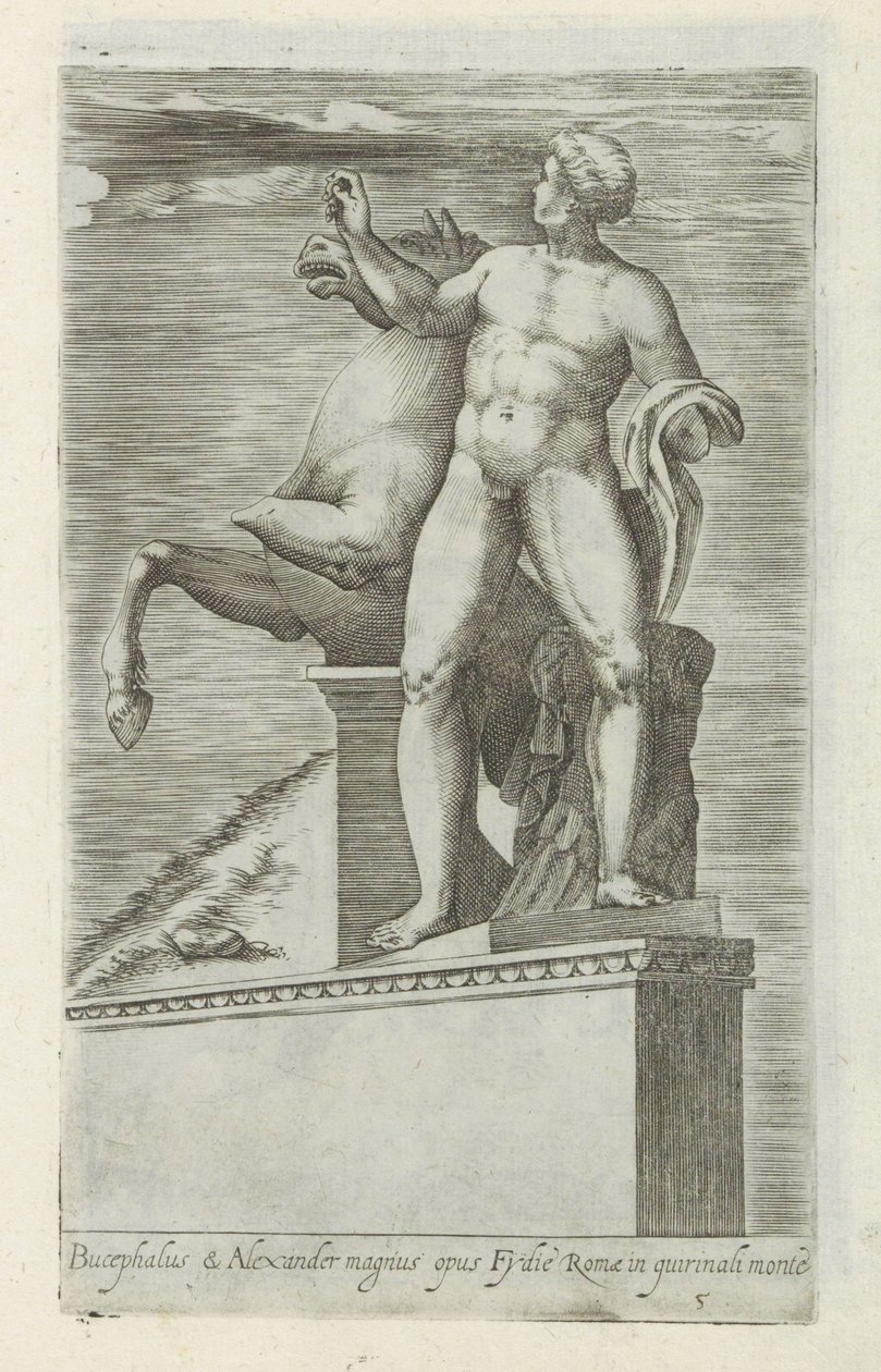 Sculptuur van een van de Dioscuren op het Quirinaal te Rom Bucephalus & Alexander store værk (...) (titel på objekt) Antikke skulpturer i Rom (serietitel) Ikoner af de gamle statuer af byen Rom, som ses på offentlige steder (serietitel) af Giovanni Battista de