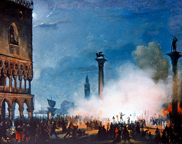 En venetiansk scene (olie på panel) af Giovanni Battista della Libera