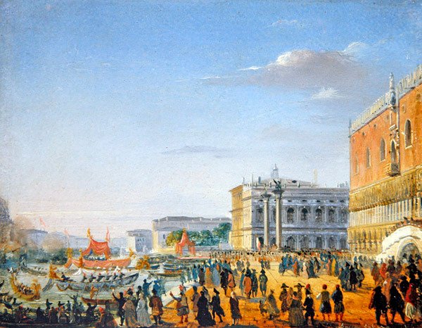 En venetiansk scene (olie på panel) af Giovanni Battista della Libera